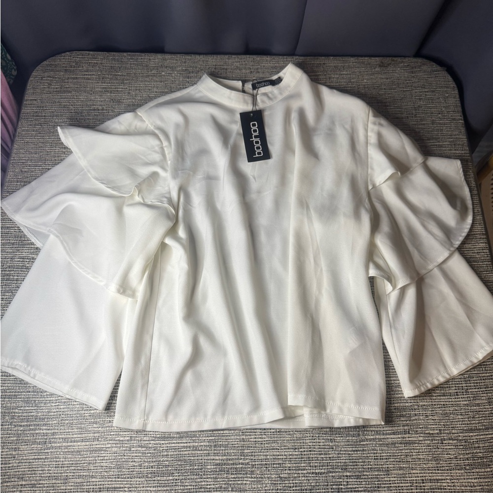 Boohoo Cream Ruffle Sleeve Blouse